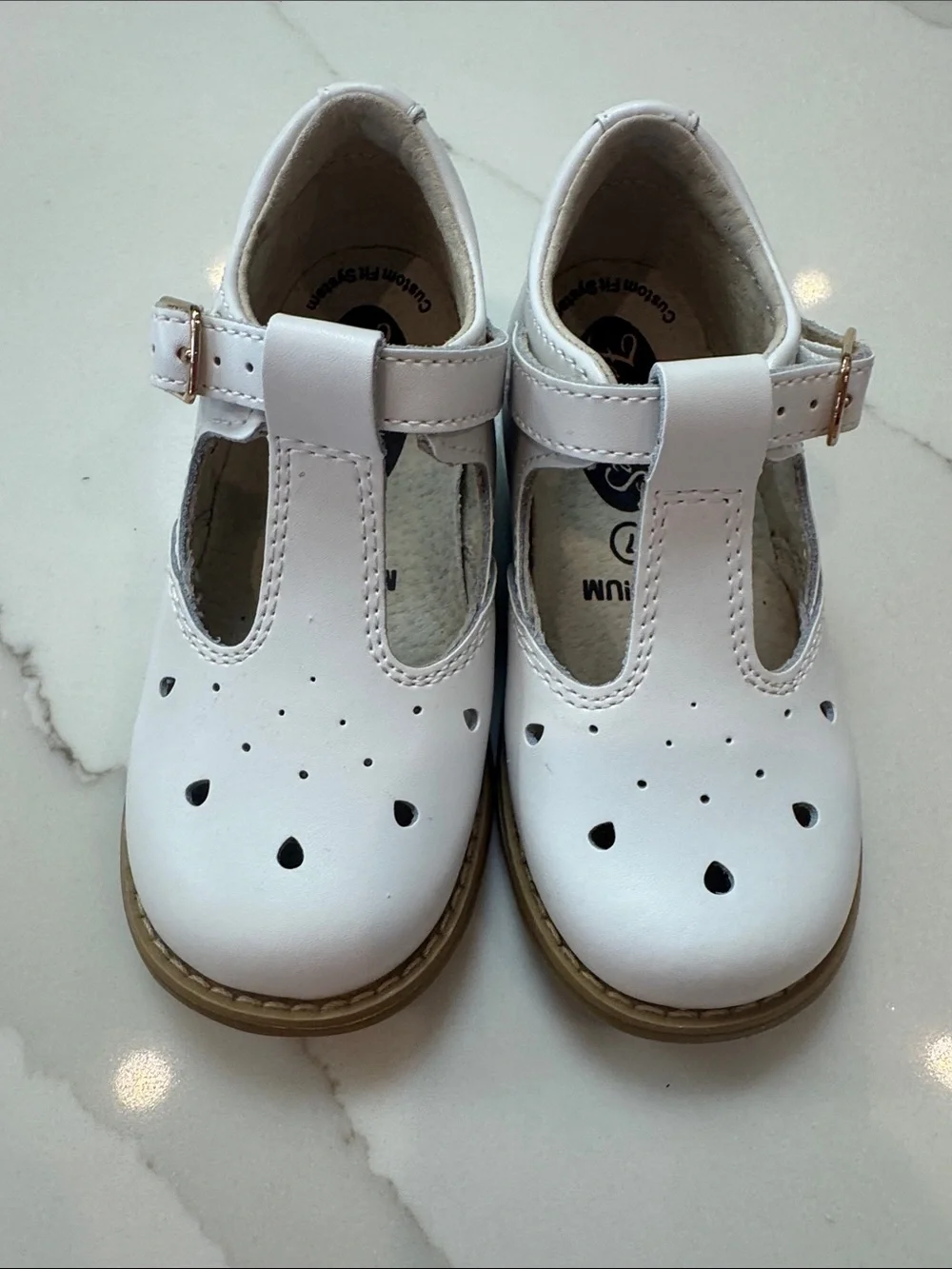 FootMates Harper T-strap White Girls Dress Shoes with Buckle